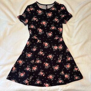 H&M Divided Floral Black Dress with Pink Roses
